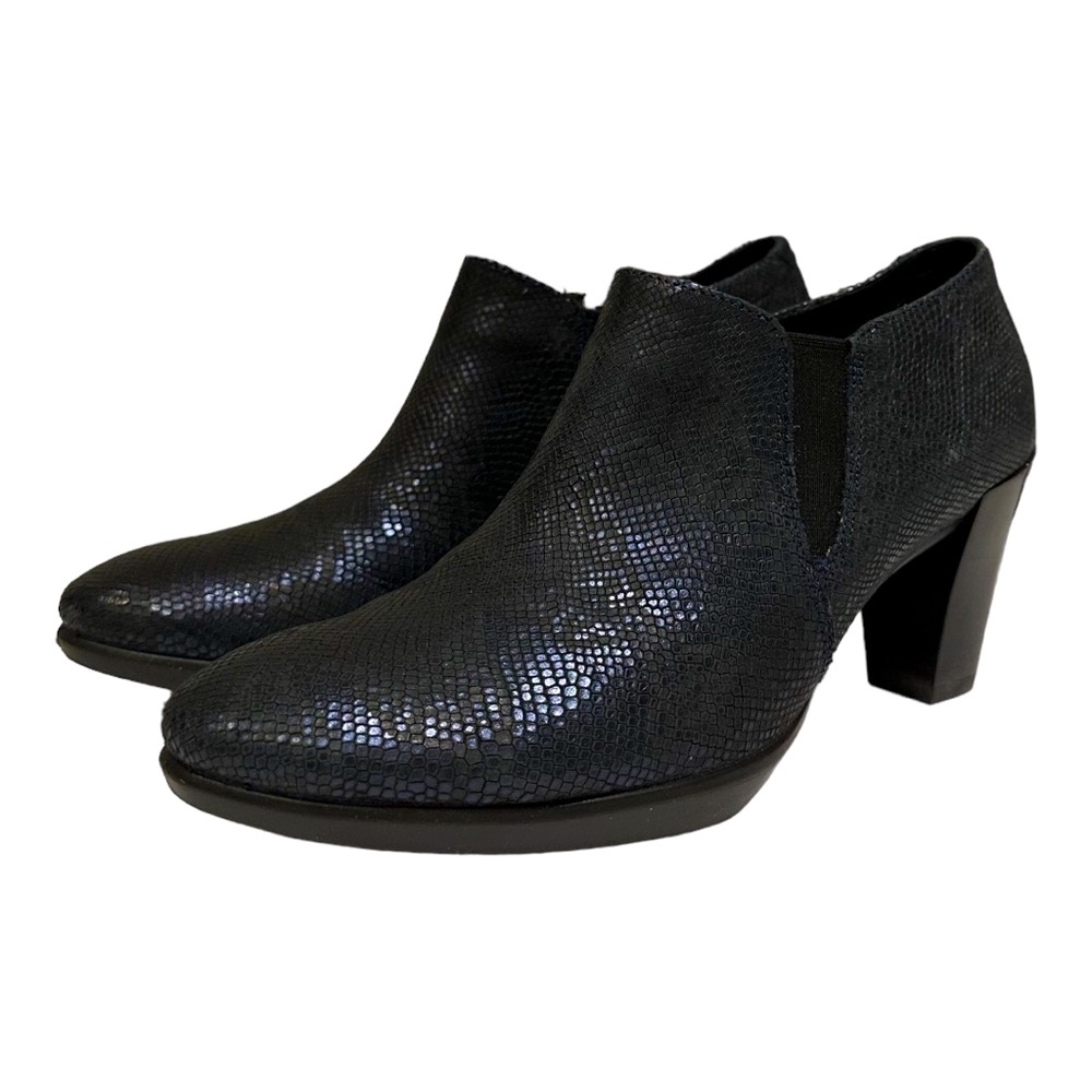Ecco Shape 55 Plateau Stack Block Heel Slip on Shoes, Navy Snake Effect Leather